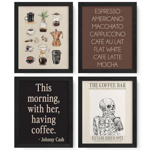JXREQ Vintage Coffee Bar Posters Wall Art Prints Set of 4, Modern Retro Gothic Skeleton Drink Coffee Aesthetic Wall Decor for Cafe Bar Station Shop Kitchen, 8x10 Inch Unframed - Image 1