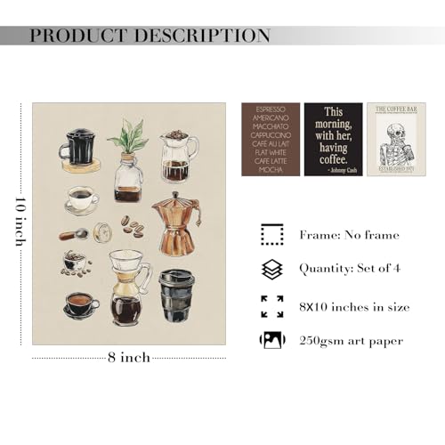JXREQ Vintage Coffee Bar Posters Wall Art Prints Set of 4, Modern Retro Gothic Skeleton Drink Coffee Aesthetic Wall Decor for Cafe Bar Station Shop Kitchen, 8x10 Inch Unframed - Image 2