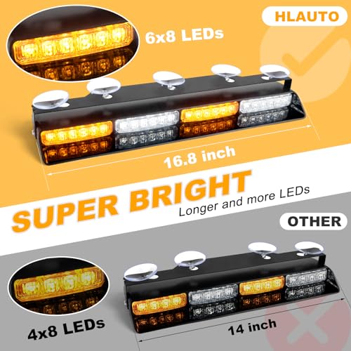 HLauto 6Z4J Emergency Dash Strobe Lights: 2x16.8 inch Amber White Safety Lights, 48 LED Flashing Warning Hazard Interior Windshield Visor Traffic Light Bars for Trucks, Construction Vehicles - Image 2