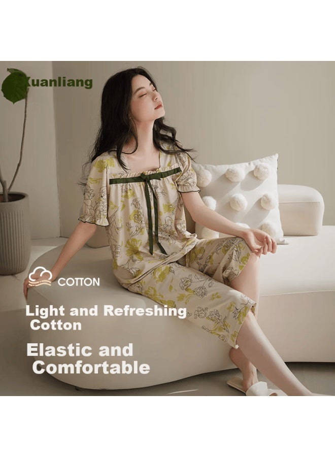 Xuanliang Women's Summer Cotton Short Sleeve And Capri Pajama Set Elegant Middle-aged Mom Homewear