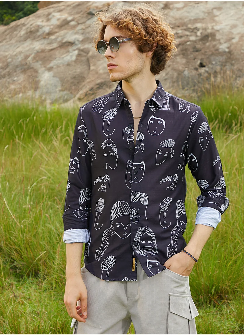 Campus Sutra Men's Midnight Black Doodle Face Shirt