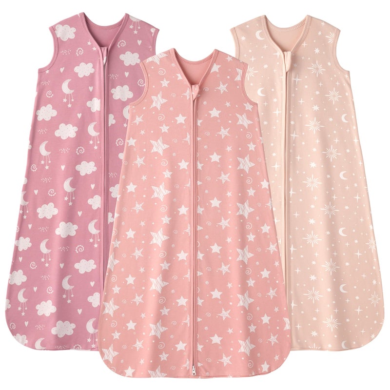 FIEMOL Baby Sleep Sack 6-12 months, 100% Cotton Sleeping Sack for Newborn and Infant, 3 Pack Baby Wearable Blanket, 0.5 Tog Lightweight Double Zipper Sleep Bag Medium Pink Stars Moon - Image 1