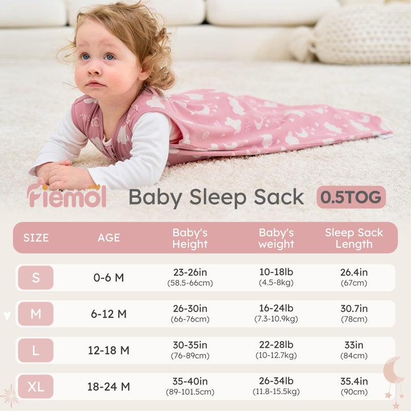 FIEMOL Baby Sleep Sack 6-12 months, 100% Cotton Sleeping Sack for Newborn and Infant, 3 Pack Baby Wearable Blanket, 0.5 Tog Lightweight Double Zipper Sleep Bag Medium Pink Stars Moon - Image 4
