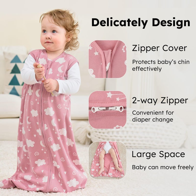 FIEMOL Baby Sleep Sack 6-12 months, 100% Cotton Sleeping Sack for Newborn and Infant, 3 Pack Baby Wearable Blanket, 0.5 Tog Lightweight Double Zipper Sleep Bag Medium Pink Stars Moon - Image 2
