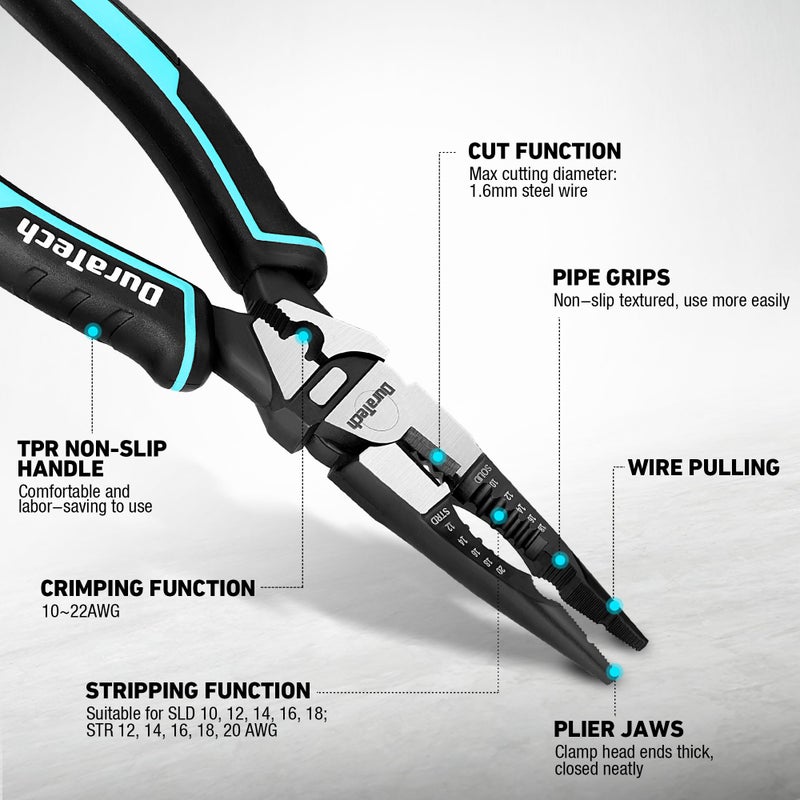 DURATECH 6-in-1 Needle Nose Pliers, 8.5" Multipurpose Long Nose Pliers with Wire Stripper/Crimper/Cutter Function, Heavy Duty Multifunctional Electrician Pliers for Crimping, Stripping, Shearing - Image 2