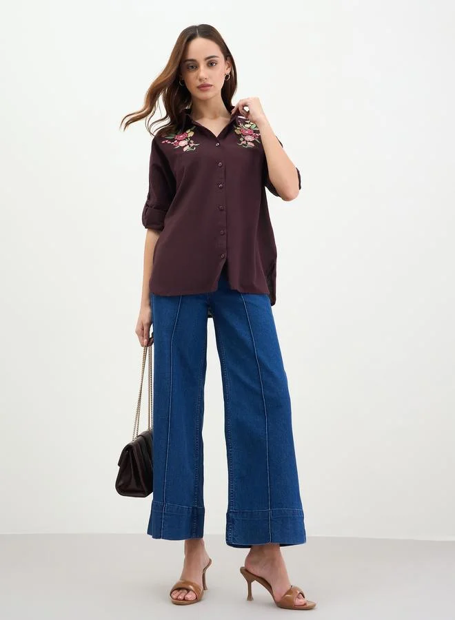 ستايلي قميص واسع خمري مطرز