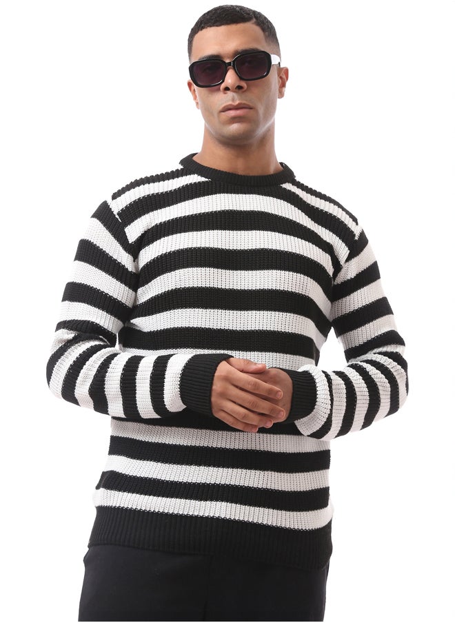 RAVIN - Black & White Striped Slip On Knitted Pullover - Image 1