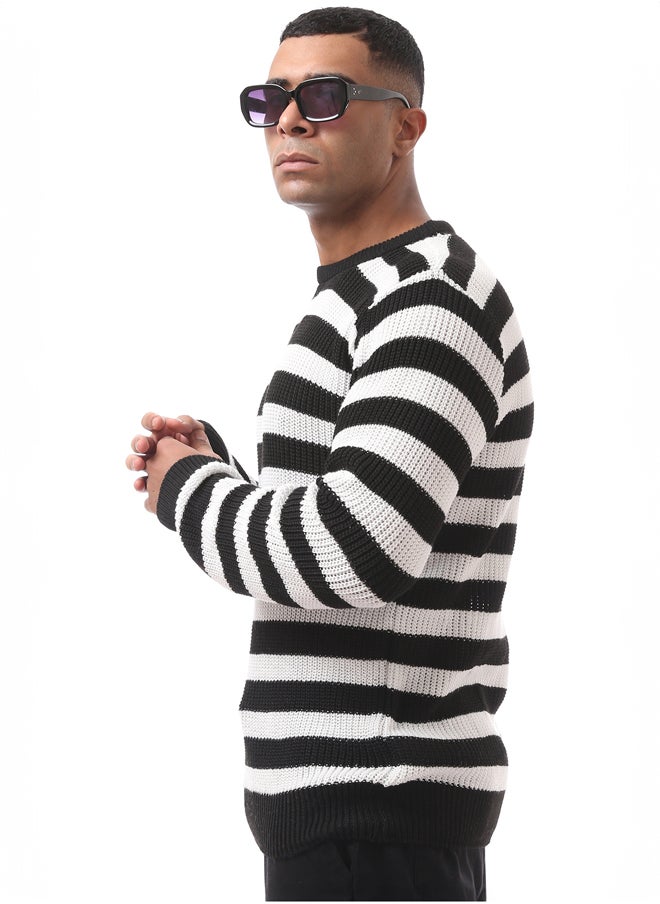 RAVIN - Black & White Striped Slip On Knitted Pullover - Image 1