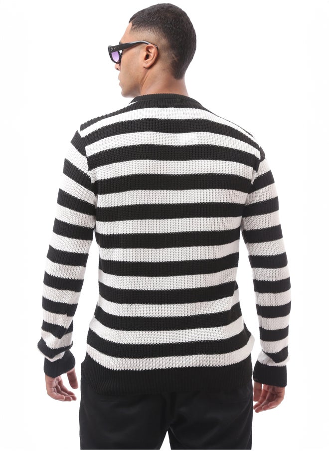 RAVIN - Black & White Striped Slip On Knitted Pullover - Image 1
