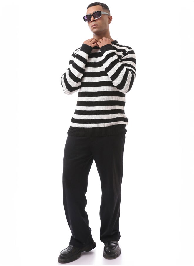 RAVIN - Black & White Striped Slip On Knitted Pullover - Image 1