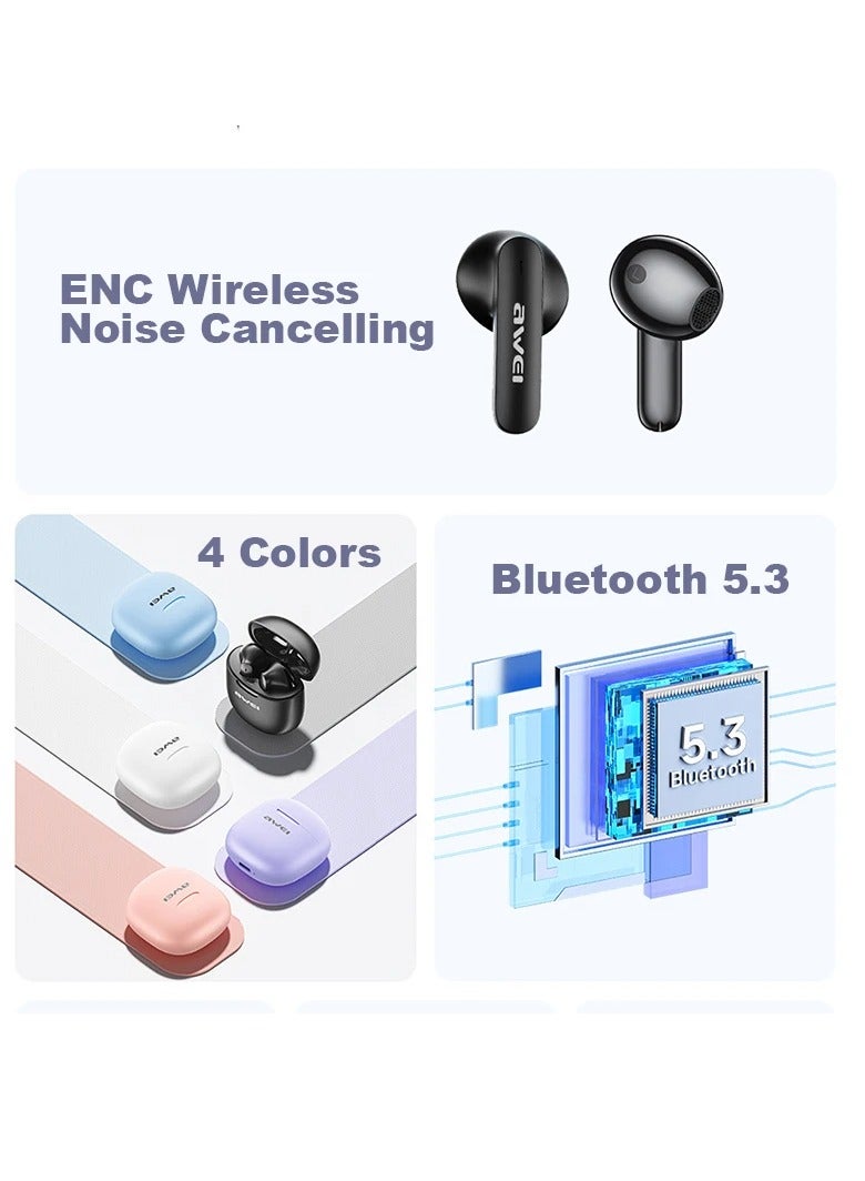 Awei T68 ENC Bluetooth earbuds, noise cancellation, wireless earbuds, waterproof, call-friendly earbuds. Black - Image 5