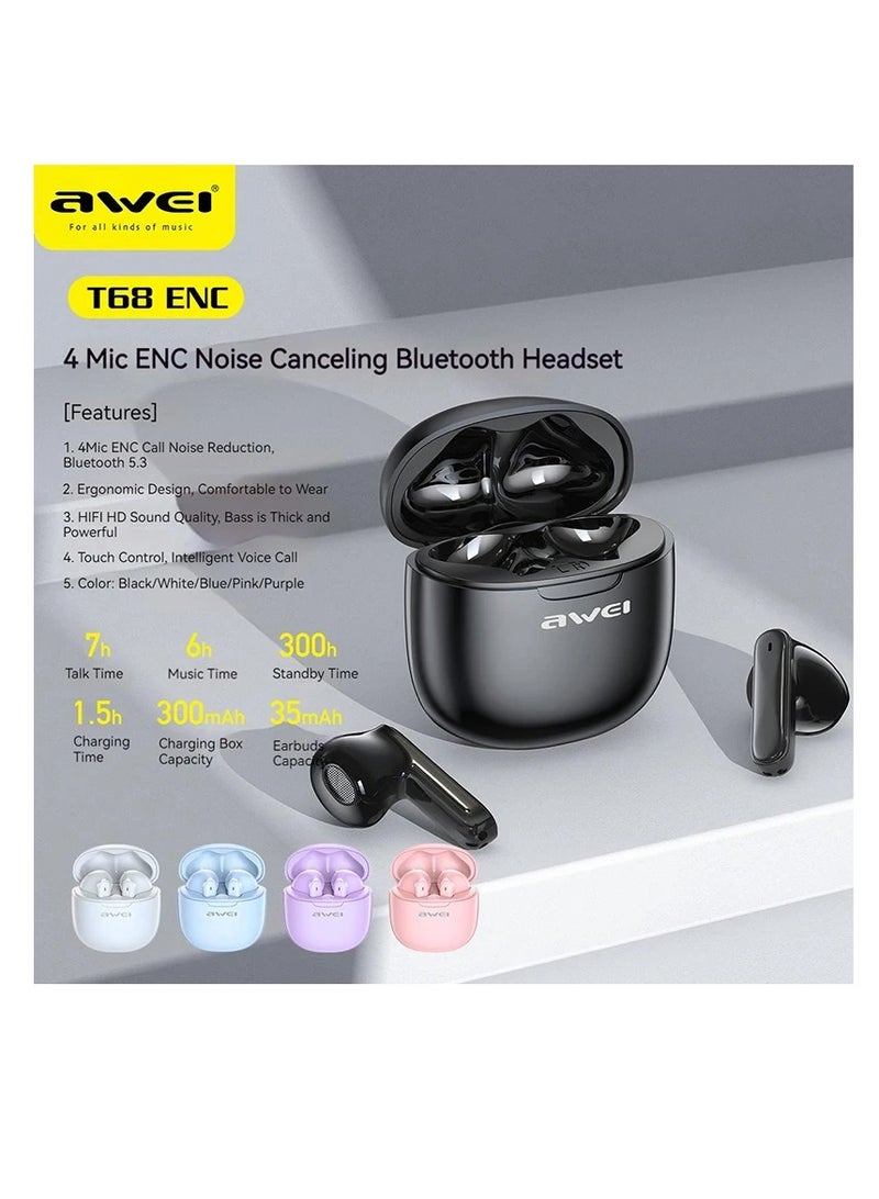 Awei T68 ENC Bluetooth earbuds, noise cancellation, wireless earbuds, waterproof, call-friendly earbuds. Black - Image 3