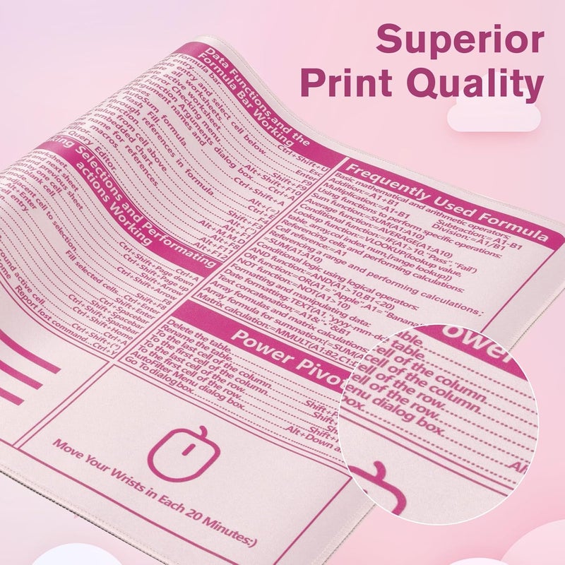 iCasso Excel Cheat Sheet Desk Pad,Excel Mouse Pad Shortcuts,Excel Shortcuts Cheat Sheet Keyboard Mat, Extended Large XXL Non-Slip Mousepad with Stitched Edges for Computer(Pink Excel Shortcuts) - Image 4