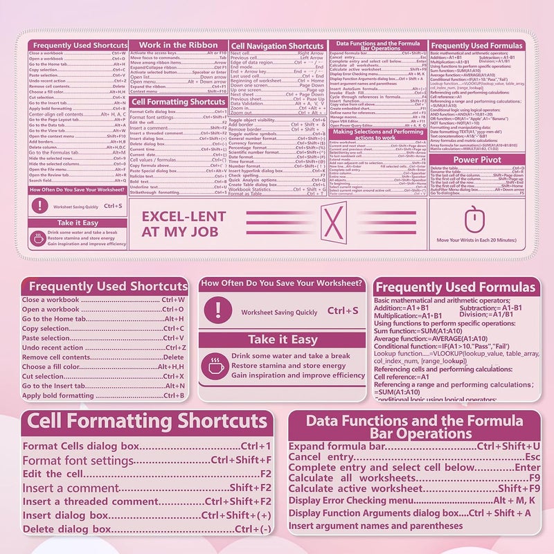 iCasso Excel Cheat Sheet Desk Pad,Excel Mouse Pad Shortcuts,Excel Shortcuts Cheat Sheet Keyboard Mat, Extended Large XXL Non-Slip Mousepad with Stitched Edges for Computer(Pink Excel Shortcuts) - Image 3