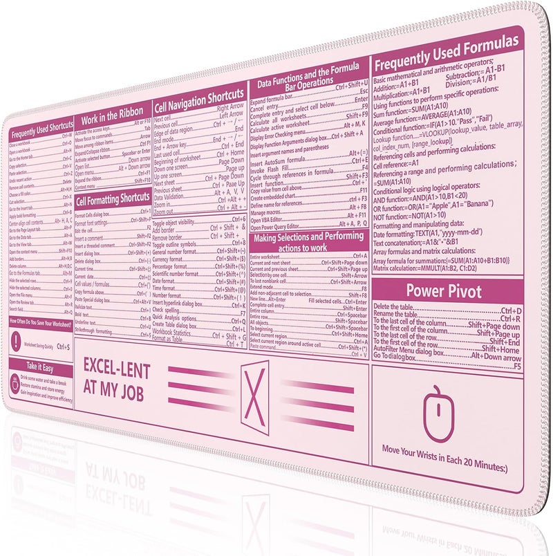 iCasso Excel Cheat Sheet Desk Pad,Excel Mouse Pad Shortcuts,Excel Shortcuts Cheat Sheet Keyboard Mat, Extended Large XXL Non-Slip Mousepad with Stitched Edges for Computer(Pink Excel Shortcuts) - Image 1