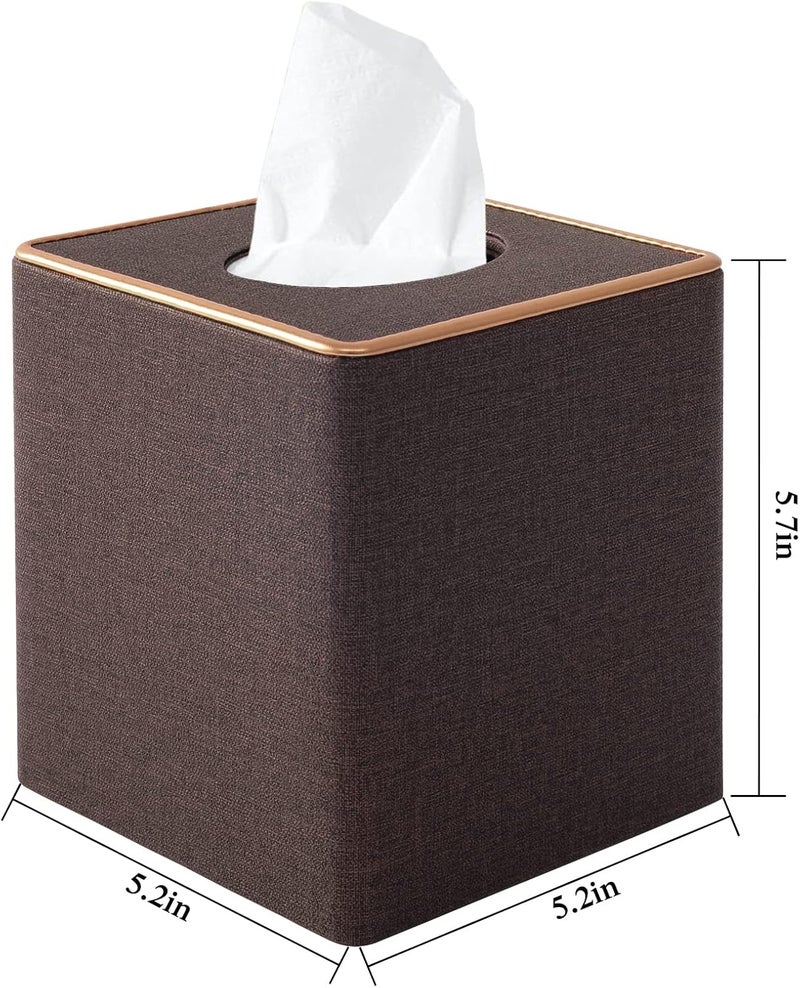 RHCSZ Linen Square Tissue Box Cover,Cube Tissue Box Holder－Excellent Rosegold Leather Decoration,Table Napkin Case Dispenser,Facial Tissues Organizer with Magnetic Bottom for Home Office Car(Coffee) - Image 3