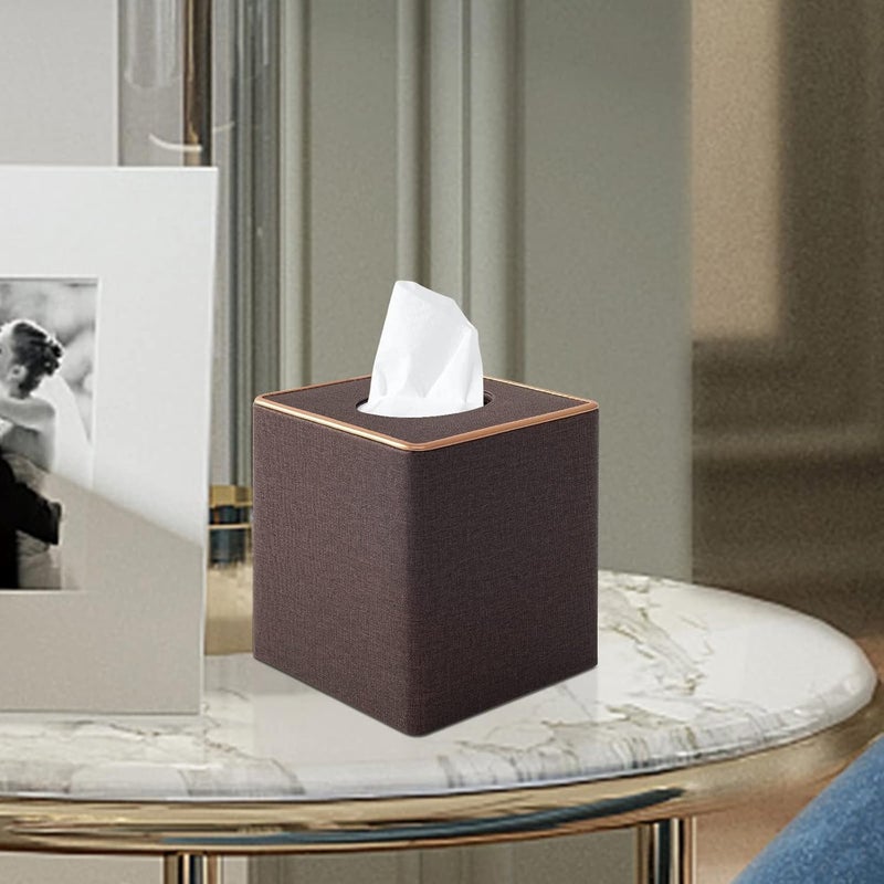 RHCSZ Linen Square Tissue Box Cover,Cube Tissue Box Holder－Excellent Rosegold Leather Decoration,Table Napkin Case Dispenser,Facial Tissues Organizer with Magnetic Bottom for Home Office Car(Coffee) - Image 2