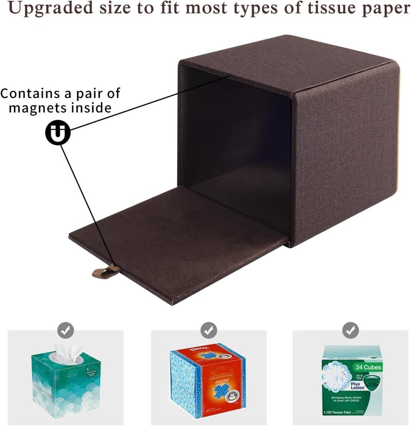 RHCSZ Linen Square Tissue Box Cover,Cube Tissue Box Holder－Excellent Rosegold Leather Decoration,Table Napkin Case Dispenser,Facial Tissues Organizer with Magnetic Bottom for Home Office Car(Coffee) - Image 5