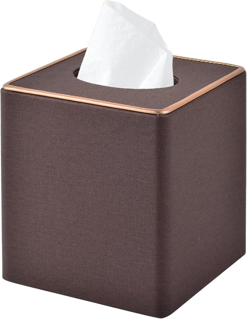 RHCSZ Linen Square Tissue Box Cover,Cube Tissue Box Holder－Excellent Rosegold Leather Decoration,Table Napkin Case Dispenser,Facial Tissues Organizer with Magnetic Bottom for Home Office Car(Coffee) - Image 1