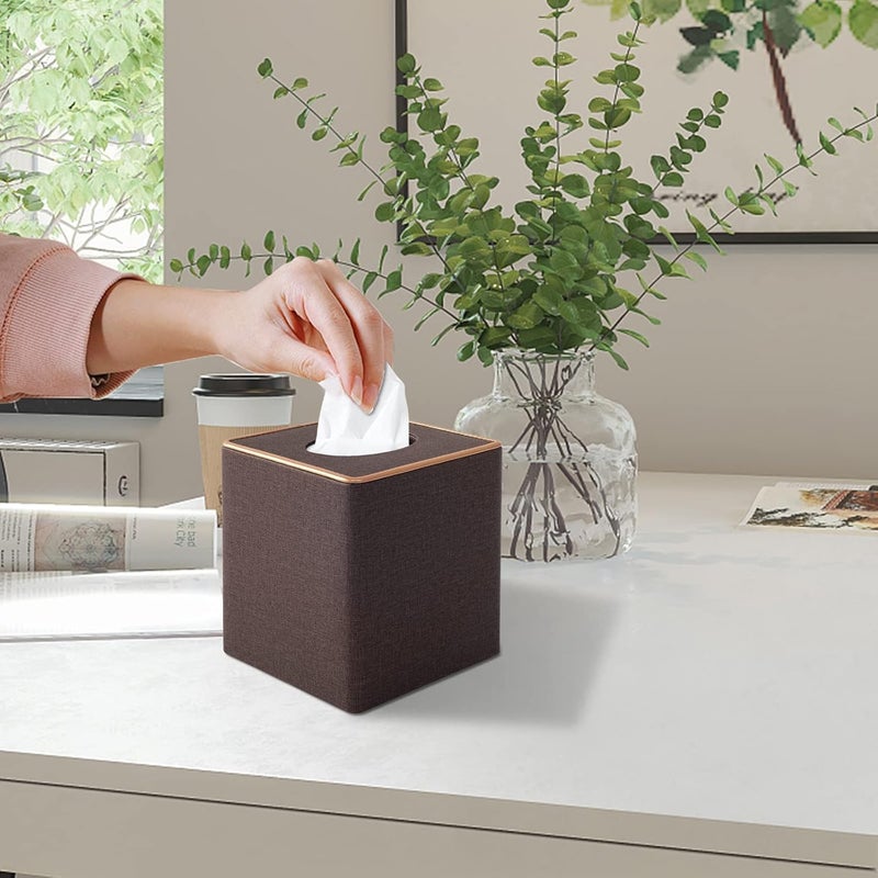 RHCSZ Linen Square Tissue Box Cover,Cube Tissue Box Holder－Excellent Rosegold Leather Decoration,Table Napkin Case Dispenser,Facial Tissues Organizer with Magnetic Bottom for Home Office Car(Coffee) - Image 4