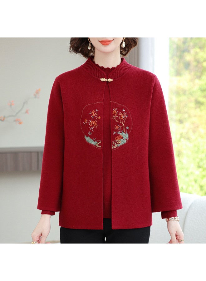 Tucano بدلة أم متوسطة العمر بأسلوب صيني جديد من قطعتين مع قميص أساسي بأكمام طويلة وياقة شبه عالية ومعطف محبوك مزخرف - Image 3