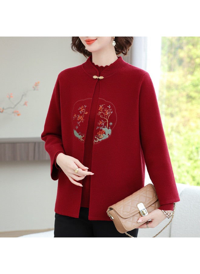 Tucano بدلة أم متوسطة العمر بأسلوب صيني جديد من قطعتين مع قميص أساسي بأكمام طويلة وياقة شبه عالية ومعطف محبوك مزخرف - Image 2