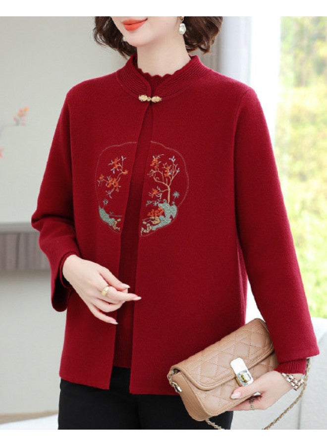 Tucano بدلة أم متوسطة العمر بأسلوب صيني جديد من قطعتين مع قميص أساسي بأكمام طويلة وياقة شبه عالية ومعطف محبوك مزخرف - Image 1