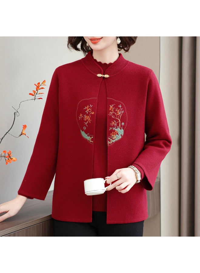 Tucano بدلة أم متوسطة العمر بأسلوب صيني جديد من قطعتين مع قميص أساسي بأكمام طويلة وياقة شبه عالية ومعطف محبوك مزخرف - Image 4