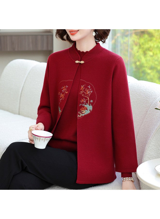 Tucano بدلة أم متوسطة العمر بأسلوب صيني جديد من قطعتين مع قميص أساسي بأكمام طويلة وياقة شبه عالية ومعطف محبوك مزخرف - Image 5