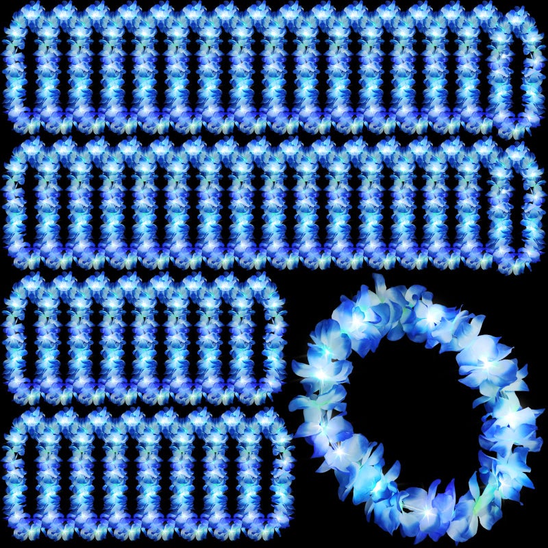 Sherr 48 Pcs LED Hawaiian Leis Light up Flower Leis Necklace with LED Lights Luau Flowers Necklaces for Masquerade Beach Wedding Tropical Themed Party SuppliesBlue