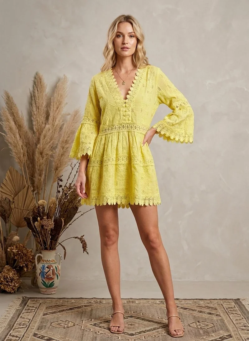 Alaya Women Embroidered  Scalloped Lace Trim Cotton Midi Dress -AL3703