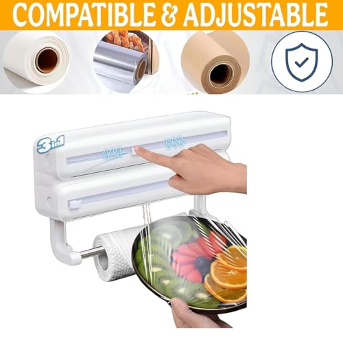 Tusmad 3-in-1 Aluminum Foil, Plastic Wrap & Wax Paper Dispenser with Cutter – Cling Film, Tin Foil & Roti Paper Organizer with Paper Towel Holder – Wall Mount Kitchen Wrap Holder White - Image 4