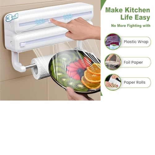Tusmad 3-in-1 Aluminum Foil, Plastic Wrap & Wax Paper Dispenser with Cutter – Cling Film, Tin Foil & Roti Paper Organizer with Paper Towel Holder – Wall Mount Kitchen Wrap Holder White - Image 3