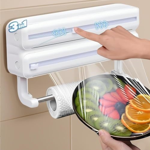 Tusmad 3-in-1 Aluminum Foil, Plastic Wrap & Wax Paper Dispenser with Cutter – Cling Film, Tin Foil & Roti Paper Organizer with Paper Towel Holder – Wall Mount Kitchen Wrap Holder White - Image 1