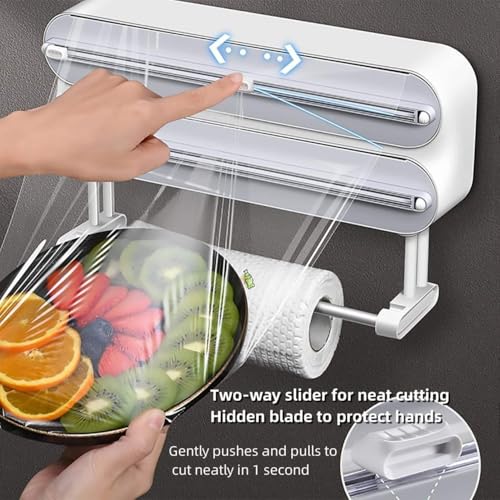 Tusmad 3-in-1 Aluminum Foil, Plastic Wrap & Wax Paper Dispenser with Cutter – Cling Film, Tin Foil & Roti Paper Organizer with Paper Towel Holder – Wall Mount Kitchen Wrap Holder White - Image 5