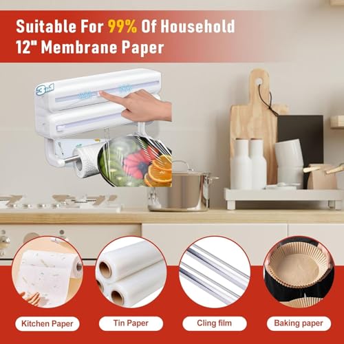 Tusmad 3-in-1 Aluminum Foil, Plastic Wrap & Wax Paper Dispenser with Cutter – Cling Film, Tin Foil & Roti Paper Organizer with Paper Towel Holder – Wall Mount Kitchen Wrap Holder White - Image 2