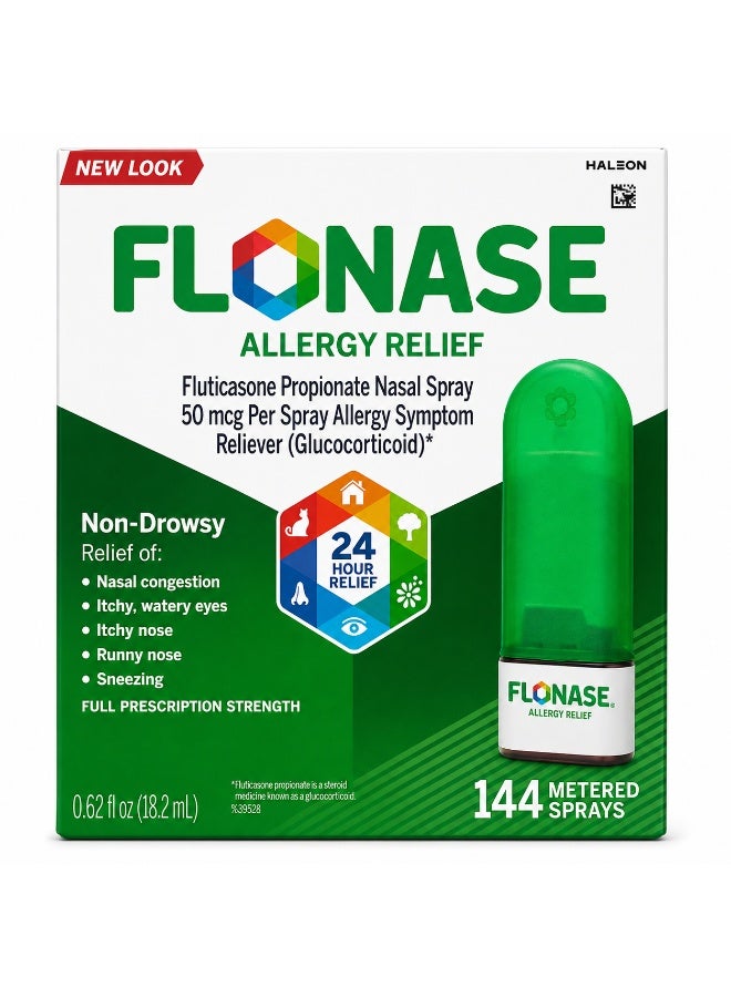 Flonase Allergy Relief Nasal Spray, 24 Hour Non Drowsy Allergy Medicine, Metered Nasal Spray - 144 Sprays- Fall and Seasonal Allergy Relief