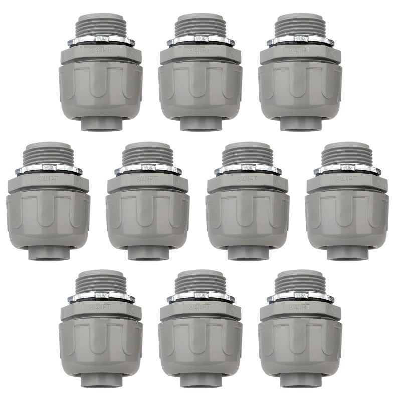 HDHAODA Conduit Connectors 34 Inch Liquid Tight Connector NPT NonMetallic for PVC Electrical Flexible Conduit Fittings 180 Degree Straight UL Listed for Home Outdoor Tubes Tools Grey 10Pack