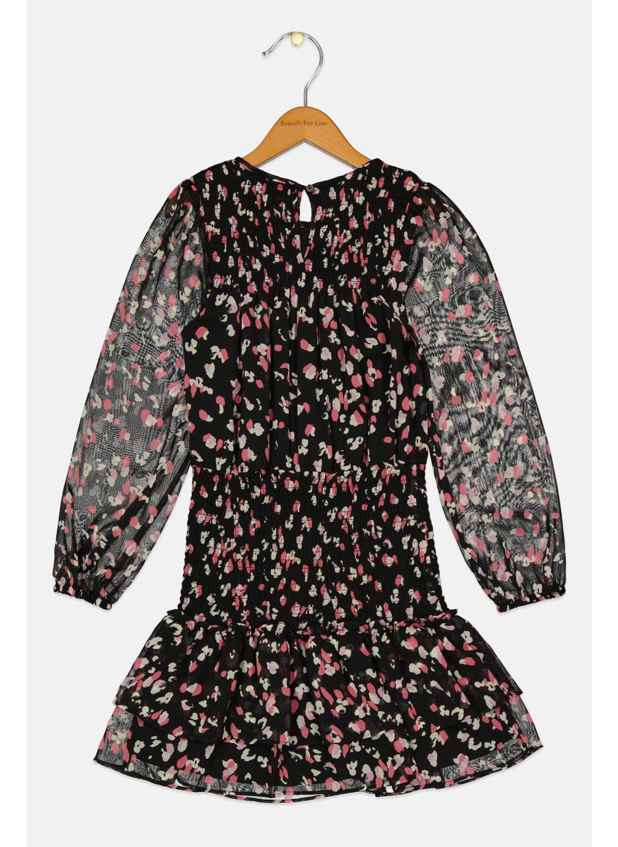 Aqua - Kids Girls Allover Print Dress, Black Combo - Image 1