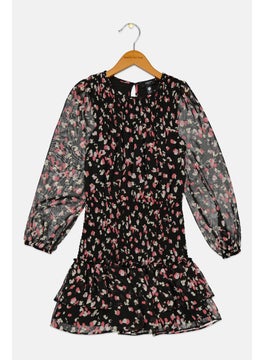 Kids Girls Allover Print Dress, Black Combo
