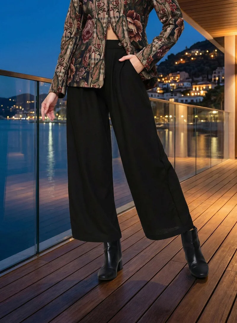 آي شين Black Poly Blend Solid Print Full Length Palazzo Flared Trouser For Women
