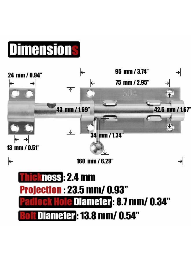 JQK Sliding Bolt Gate Latch, 6.3 Inch (Thick 2.4mm) Heavy Duty 304 Stainless Steel Barrel Bolt with Padlock Hole, Interior Door Latches Brushed Finish, DL300-BN - Image 2