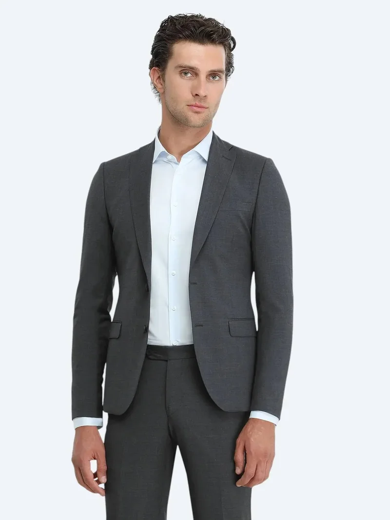 Kip Hard Coal Plain Slim Fit Wool Blended Suit