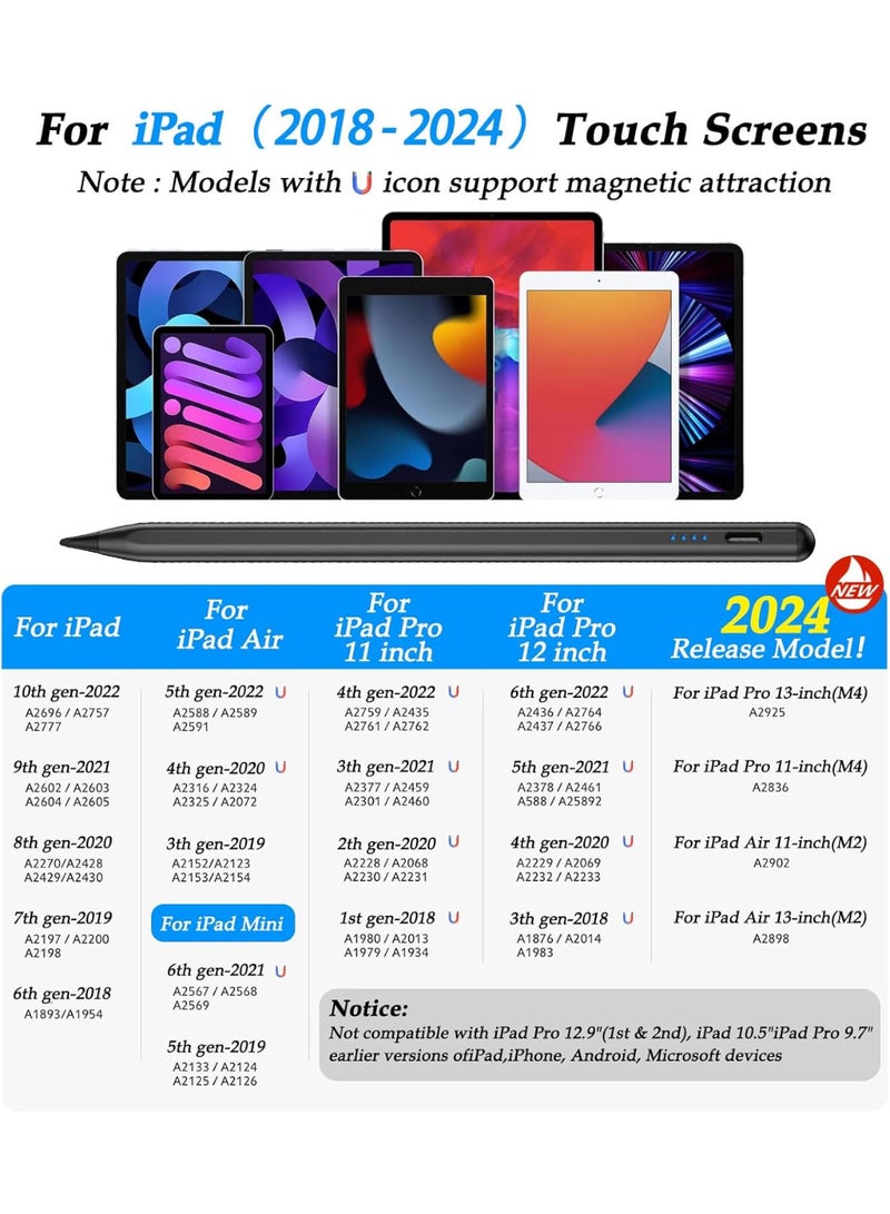 Stylus Pen for iPad 2024-2018, Pen for iPad Apple Pencil 9th&10th Generation, Compatible with iPad 10/9/8/7/6, iPad Pro 12.9"/11"/13" (M4), iPad Mini 6/5, iPad Air 5/4/3/11"-13" (M2) - Black - Image 5