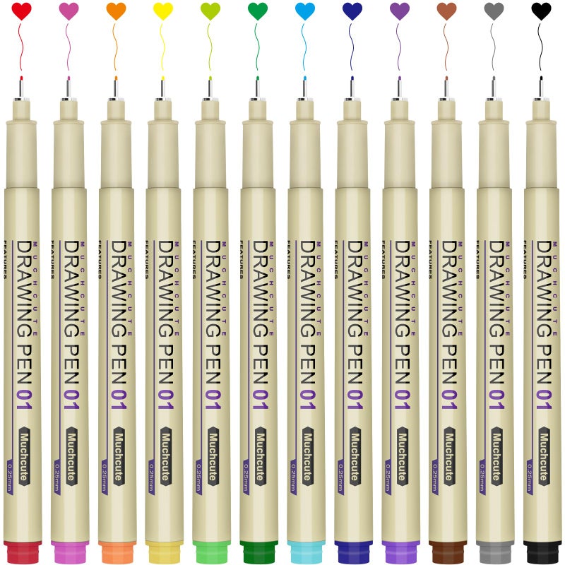 KOUSICOO Muchcute 01 Micro Fineliner Drawing Art Pens: 12 Colors 0.25mm Extra Fine Point Bible No Bleed Smooth Journal Zentangle Study Supplies Colored Waterproof Line Ultra Needle Tip Fine liner Thin Gel Felt - Image 1