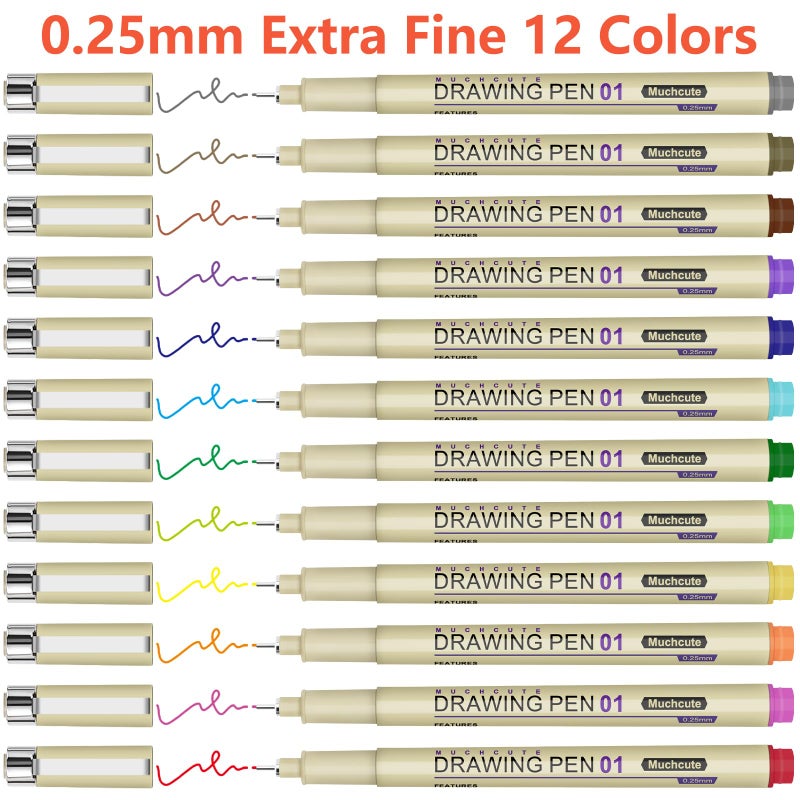 KOUSICOO Muchcute 01 Micro Fineliner Drawing Art Pens: 12 Colors 0.25mm Extra Fine Point Bible No Bleed Smooth Journal Zentangle Study Supplies Colored Waterproof Line Ultra Needle Tip Fine liner Thin Gel Felt - Image 2