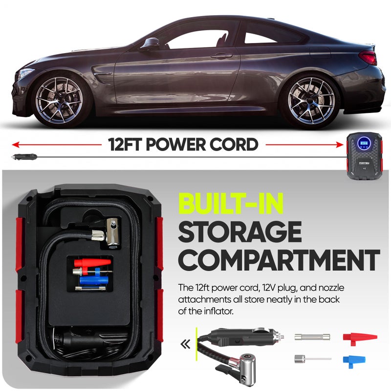 FORTEM Tire Inflator Portable Air Compressor, Air Pump for Car Tires and Bikes, Car Tire Pump w/Auto Shut Off, 150 PSI, 12V DC, LED Light, Carrying Case, for Men, Women - Image 3