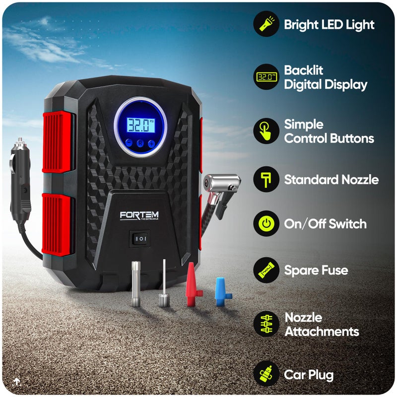 FORTEM Tire Inflator Portable Air Compressor, Air Pump for Car Tires and Bikes, Car Tire Pump w/Auto Shut Off, 150 PSI, 12V DC, LED Light, Carrying Case, for Men, Women - Image 2