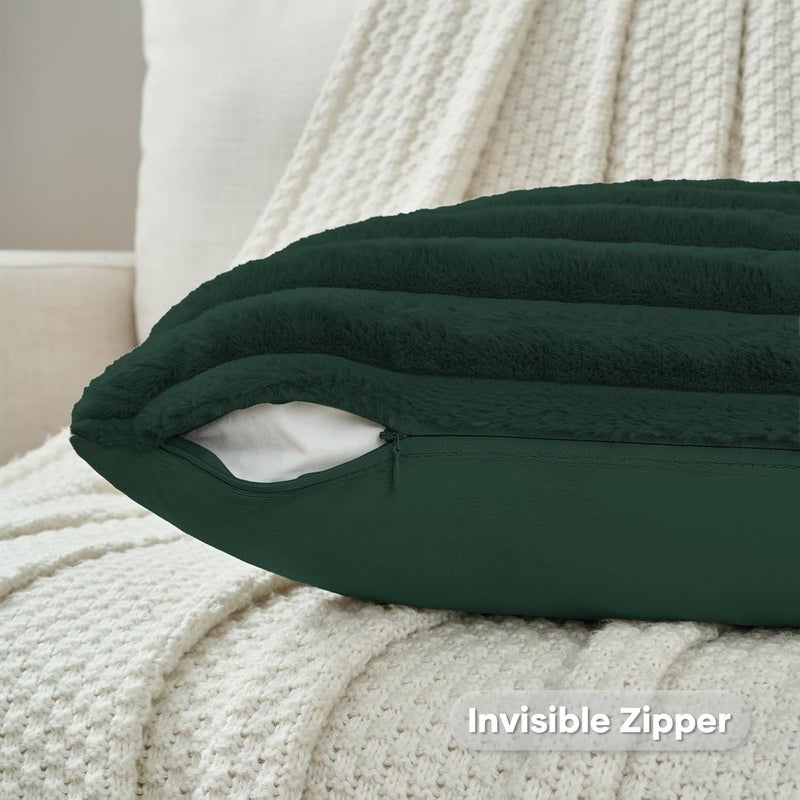 FUTEI Pack of 2 Fluffy Faux Fur Throw Pillow Covers 22x22 Inch Elegant Striped Textured Decorative Cushion Cases Modern Accent Pillow for Couch Bed Living Room, Dark Green - Image 3