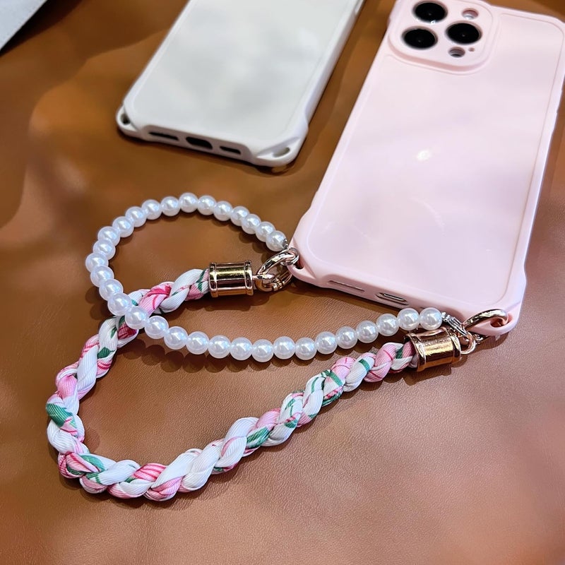 PANDACAMEL Compatible with iPhone 17 Pro Case, Pink Phone Wrist Strap with Pink Case, Cellphone Pearl Strap with Flower Pattern, Durable, Thick, Charm Wrist Lanyard for Women, Teens, Girls - Image 1